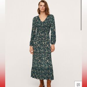 Mango Dark Green Floral Long Sleeve Dress